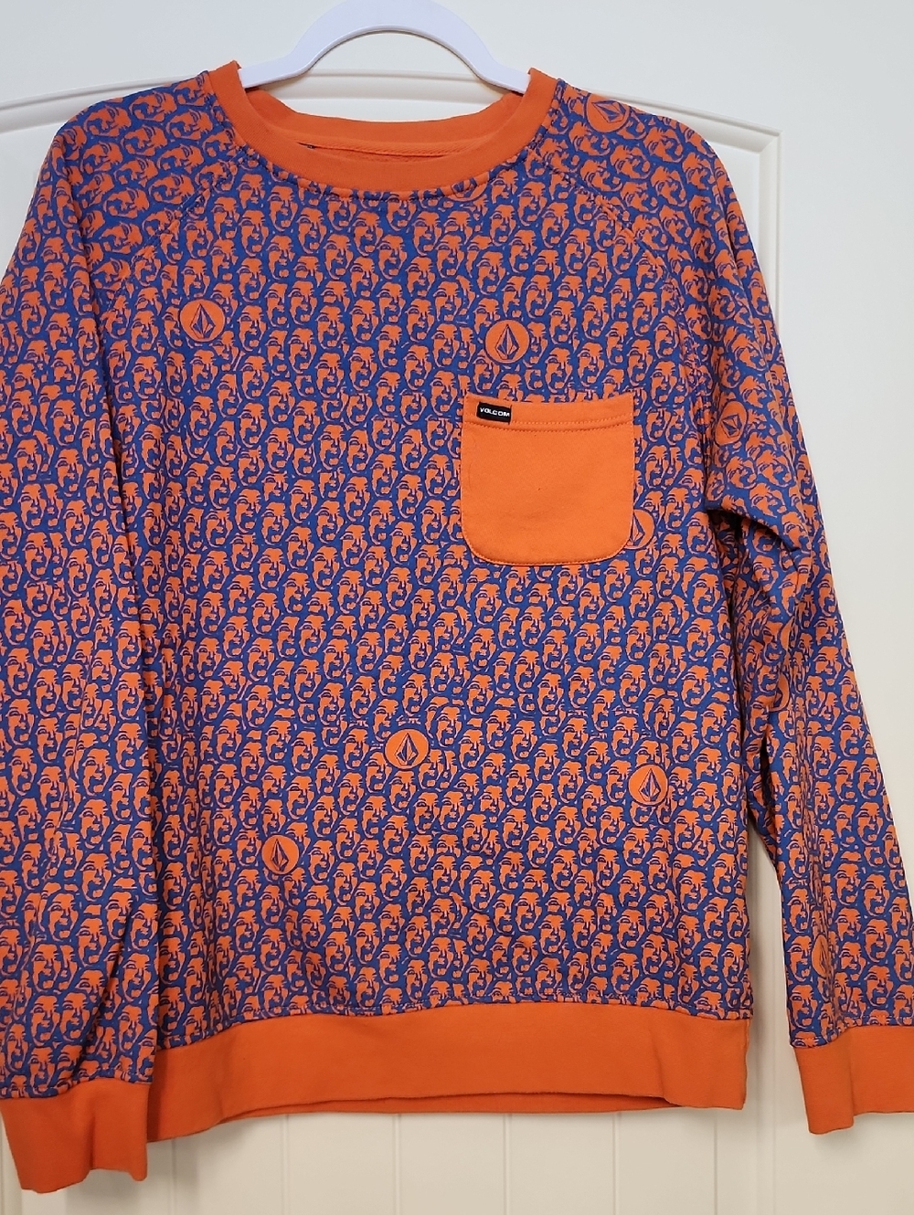 Volcom Orange and Blue Allover Logo Crewneck Sweater